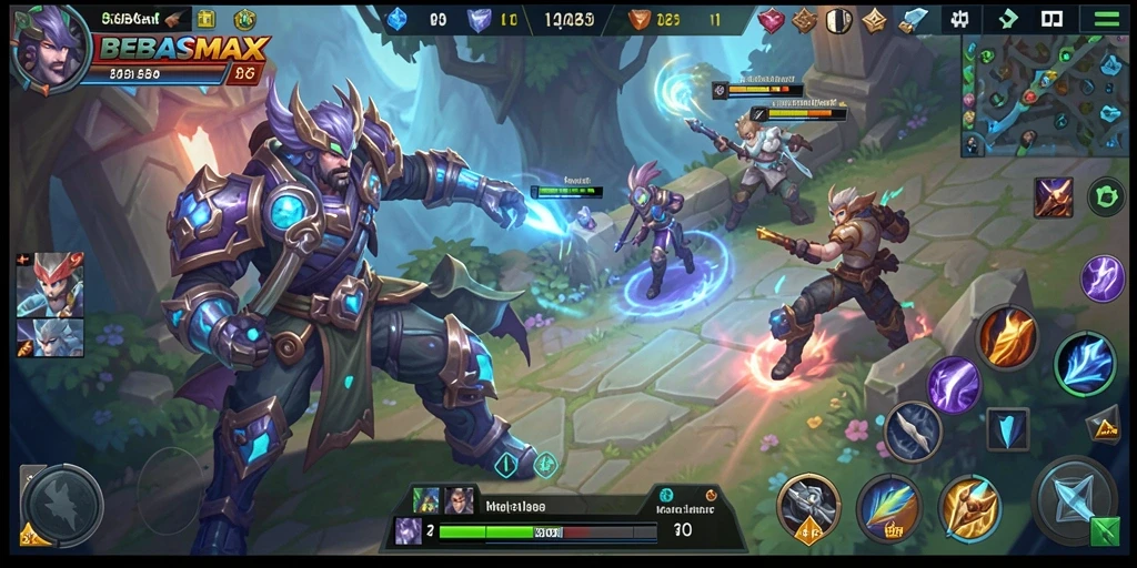 Screenshot utama BEBASMAX menampilkan aksi seru dalam pertandingan MOBA.