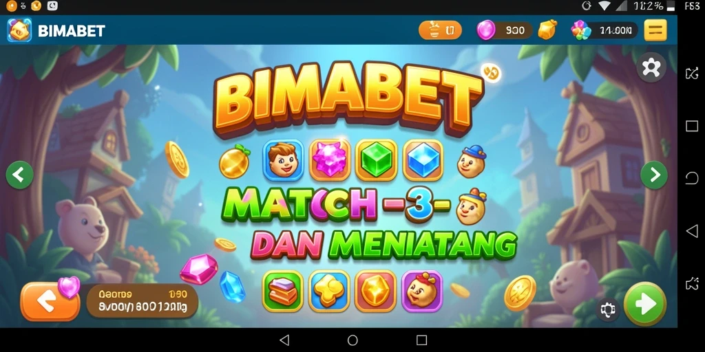 Screenshot gameplay <strong>BIMABET</strong> menampilkan kemeriahan permainan Match-3 yang menantang.