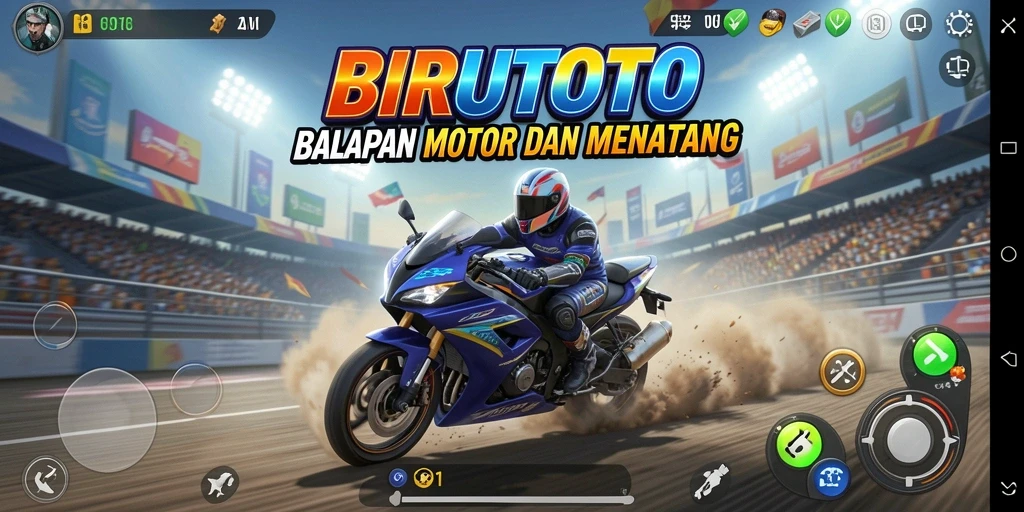 Tampilan gameplay BIRUTOTO yang menampilkan balapan motor seru.