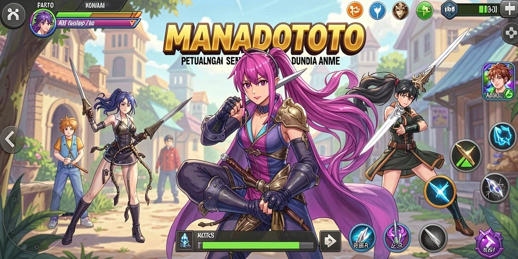Screenshot gameplay MANADOTOTO dengan karakter anime yang penuh warna.