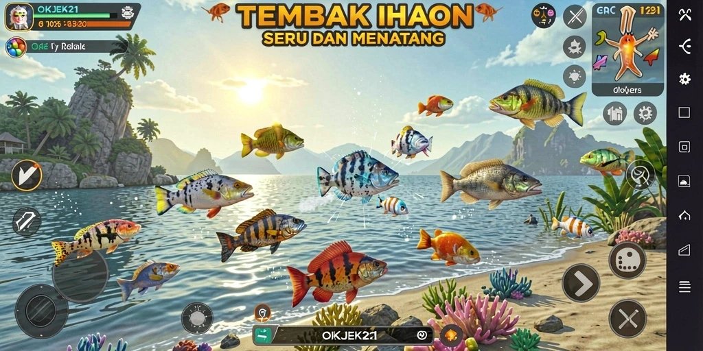 Tampilan gameplay seru saat menembak ikan di OKJEK21.