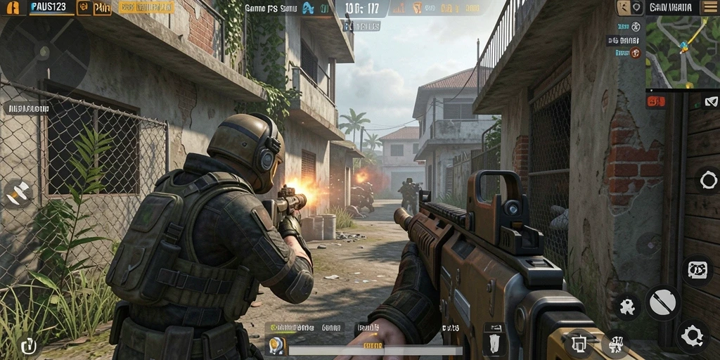 Tampilan aksi mendebarkan dalam gameplay PAUS123 FPS.