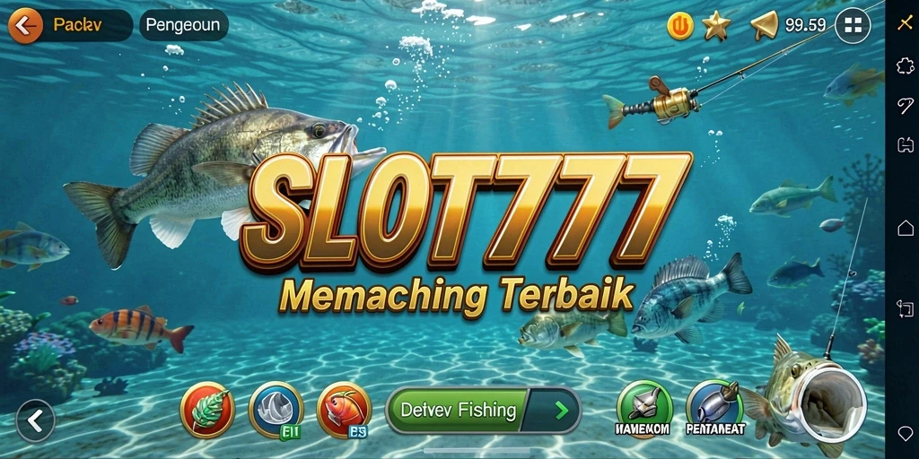 Tampilan gameplay SLOT777 dengan berbagai jenis ikan dan lokasi memancing.
